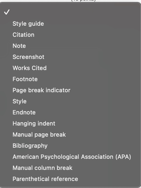 Style guide Citation Note Screenshot Works Cited Footnote Page break indicator Style Endnote Hanging indent