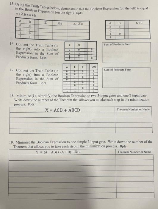 15. Using the Truth Tables below, demonstrate that the Boolean Expression (on the left) is equal to the