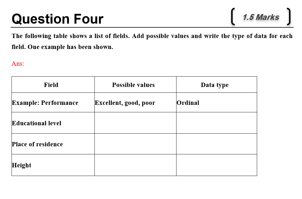 Question Four ) The following table shows a list of fields. Add possible values and write the type of data