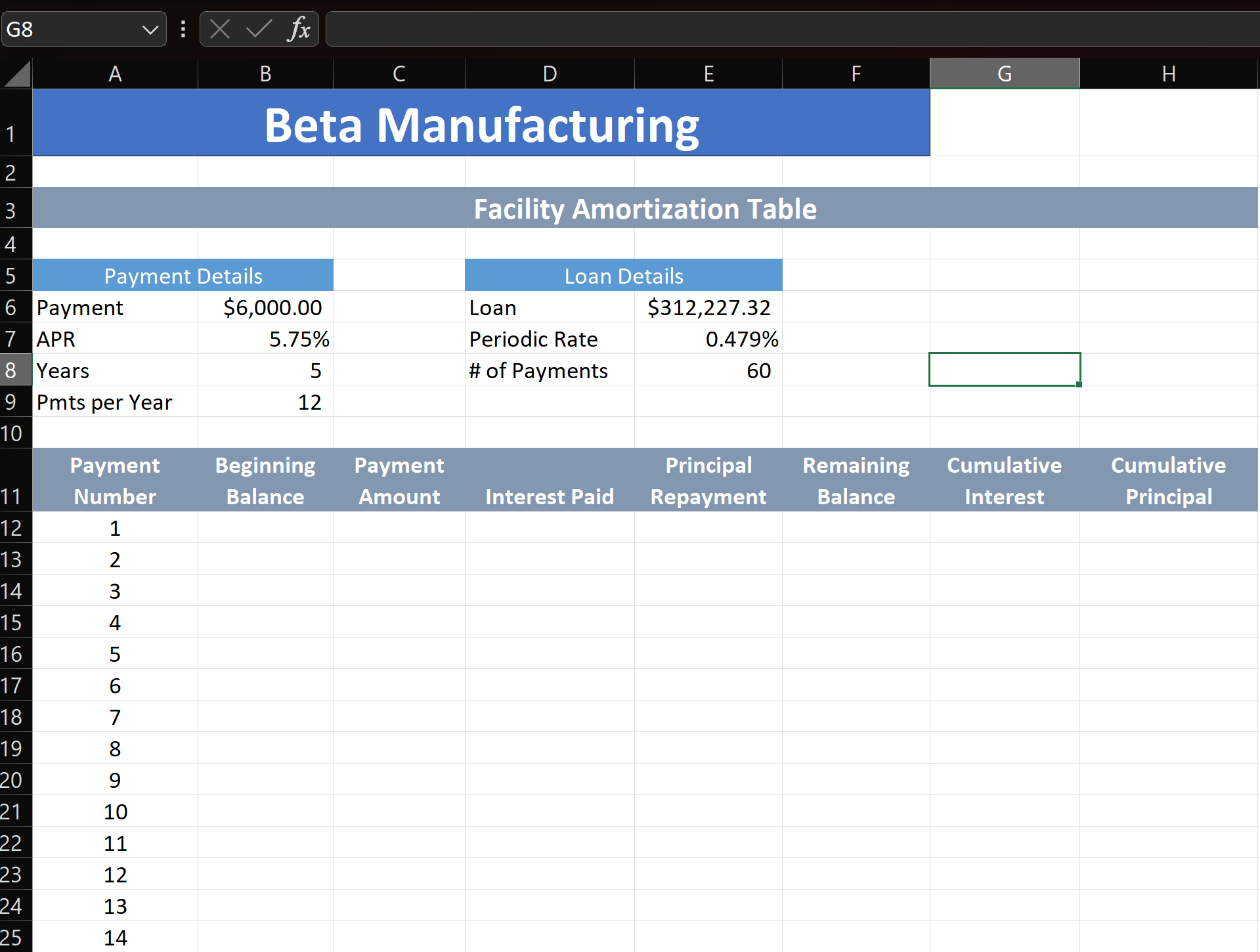 G8 11 12 13 1 2 3 4 5 6 Payment 7 APR 8 Years 9 Pmts per Year 10 A W A 14 15 16 17 18 19 20 21 22 23 24 25 >