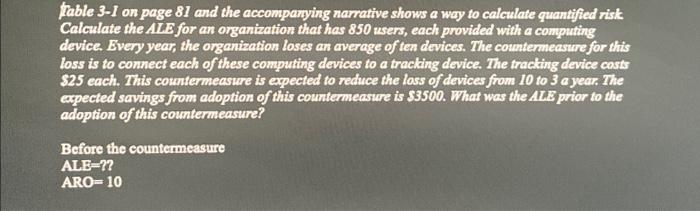 Table 3-1 on page 81 and the accompanying narrative shows a way to calculate quantified risk. Calculate the
