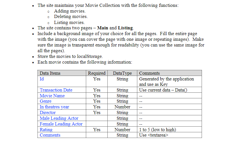 The site maintains your Movie Collection with the following functions:  Adding movies. Deleting movies.