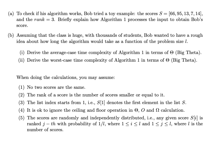 (a) To check if his algorithm works, Bob tried a toy example: the scores S = [66, 95, 13, 7, 14], and the