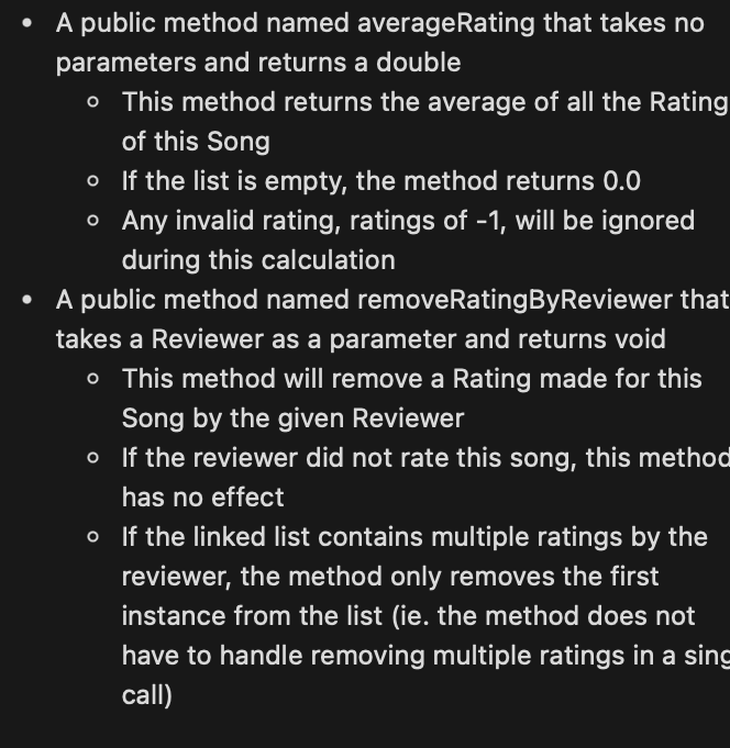 A public method named averageRating that takes no parameters and returns a double o This method returns the