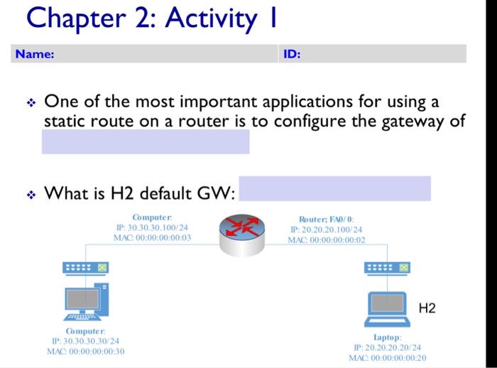 Chapter 2: Activity I ID: Name: * One of the most important applications for using a static route on a router