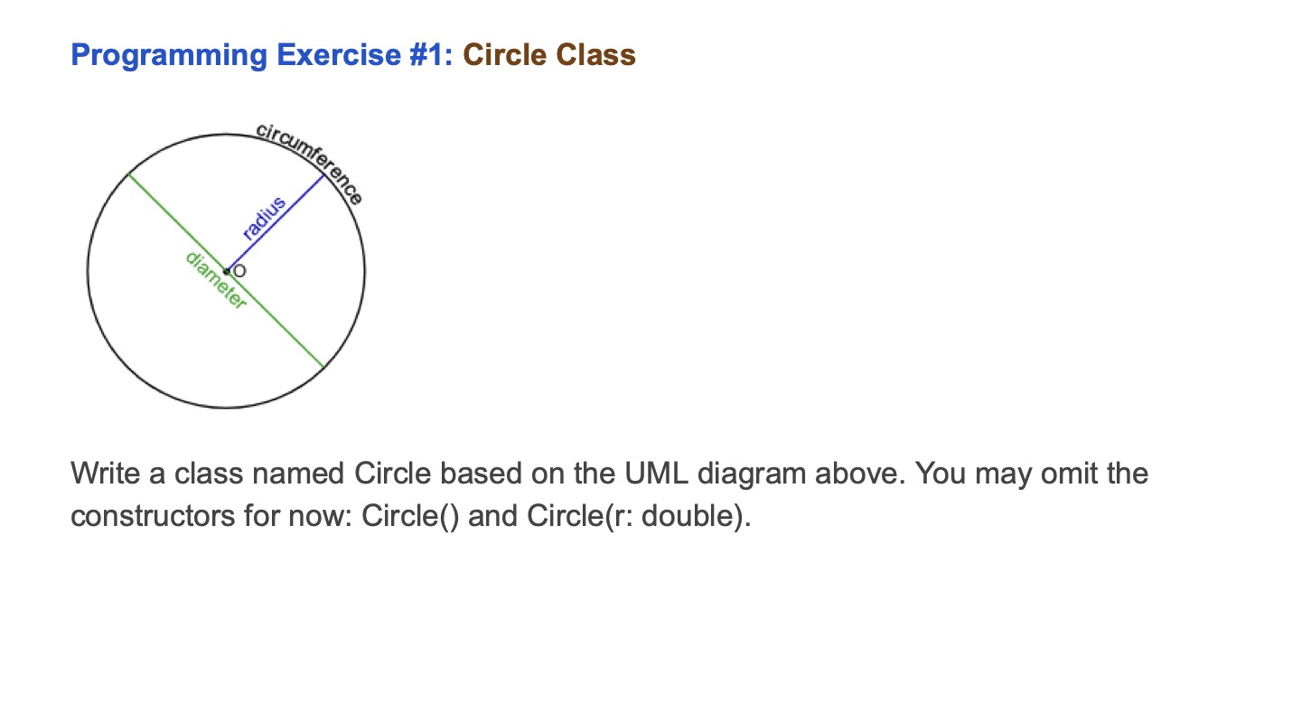 Programming Exercise #1: Circle Class circumference diameter radius Write a class named Circle based on the