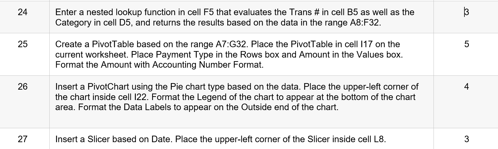 24 25 26 27 Enter a nested lookup function in cell F5 that evaluates the Trans # in cell B5 as well as the