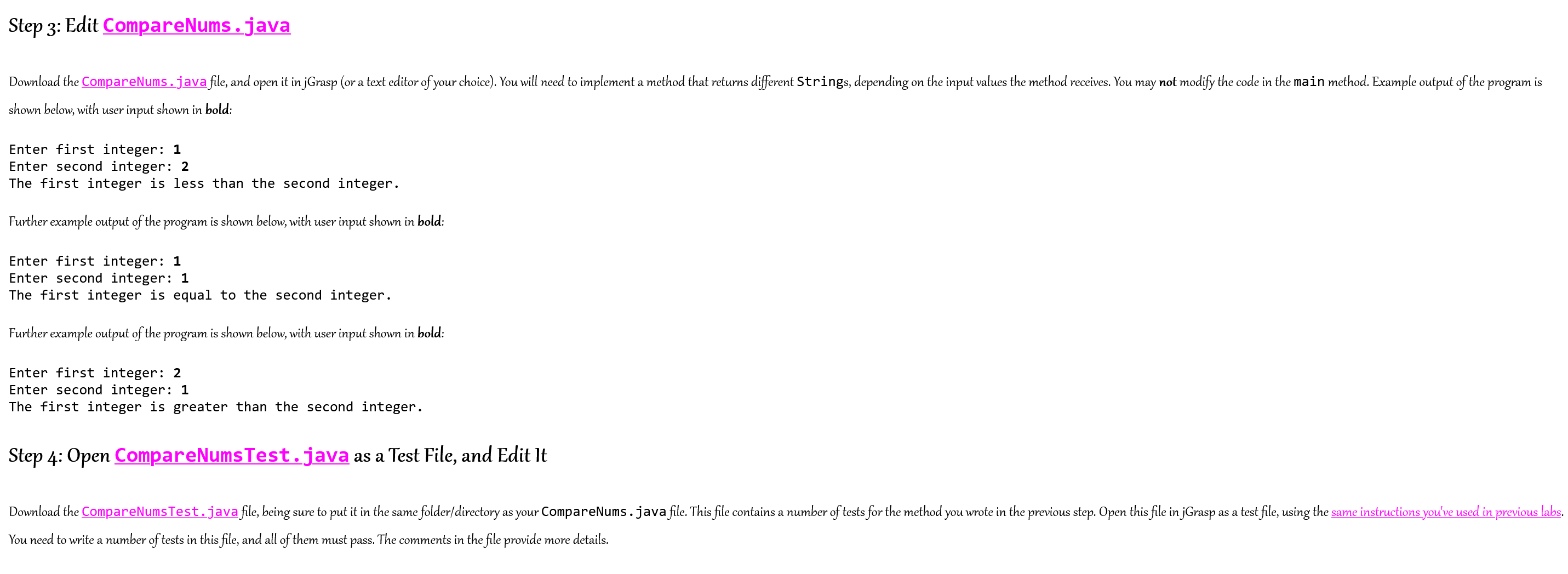 Step 3: Edit CompareNums.java Download the CompareNums. java file, and open it in jGrasp (or a text editor of