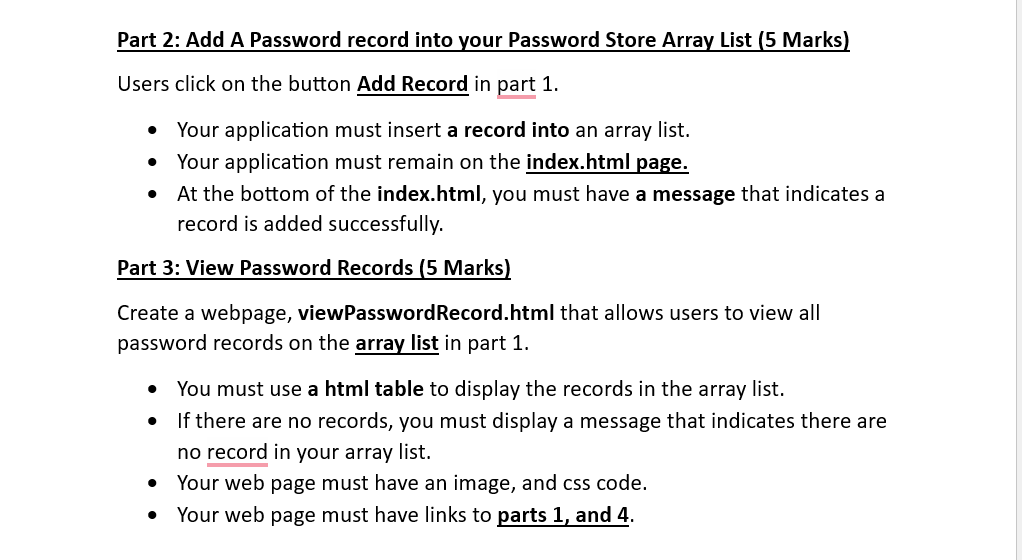 Part 2: Add A Password record into your Password Store Array List (5 Marks) Users click on the button Add