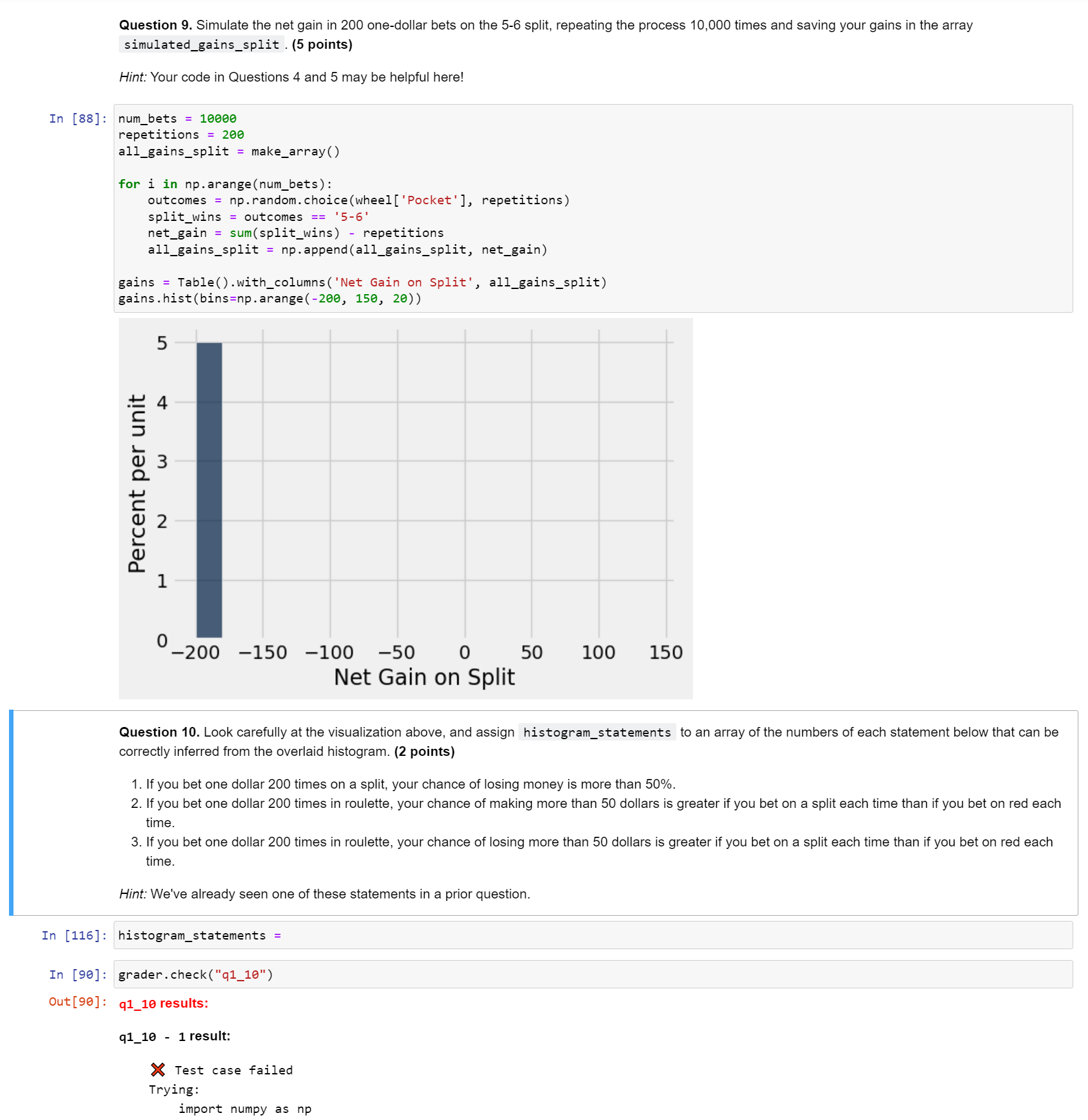 Question 9. Simulate the net gain in 200 one-dollar bets on the 5-6 split, repeating the process 10,000 times