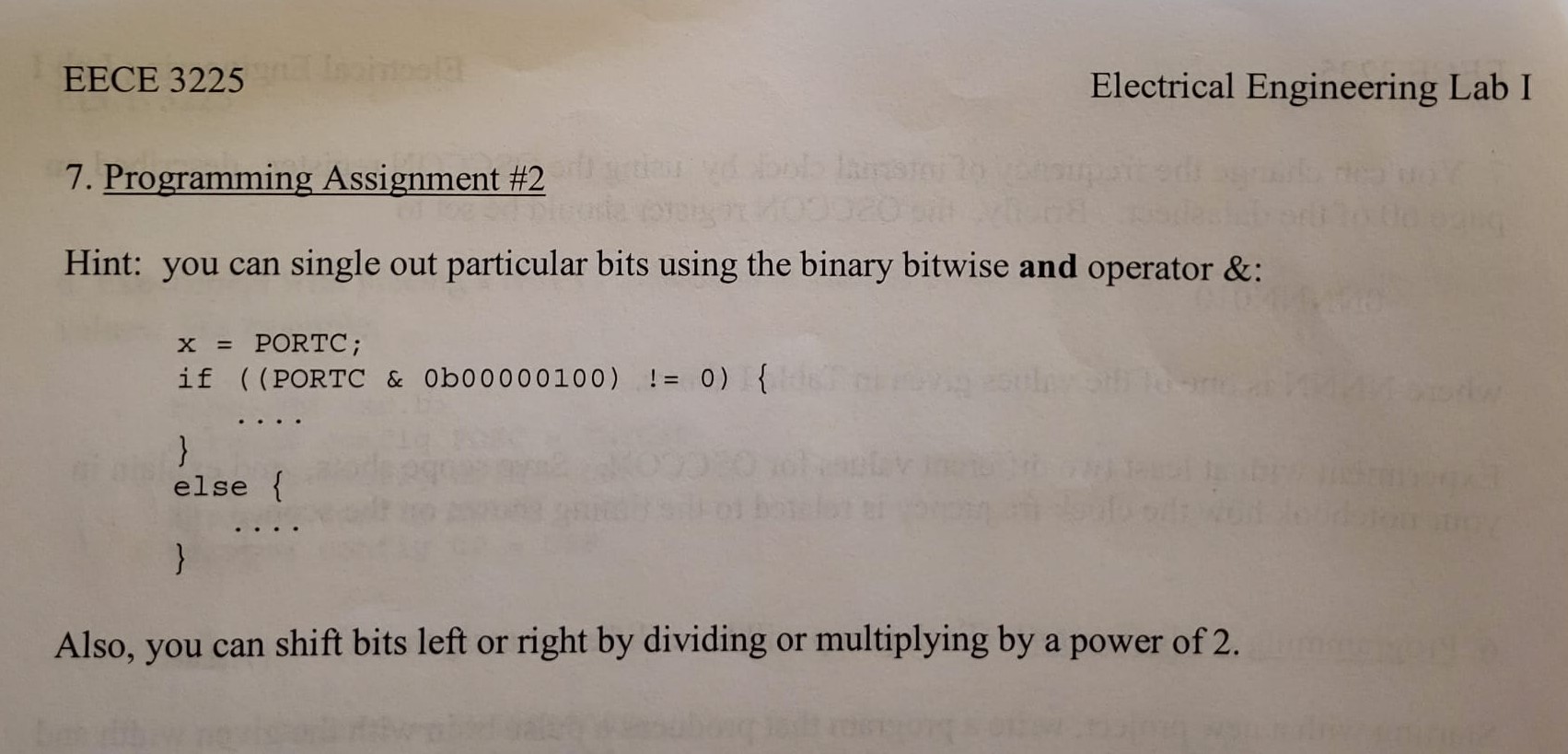 EECE 3225 Isaintool 7. Programming Assignment #2 tiau yd bolo laman Hint: you can single out particular bits