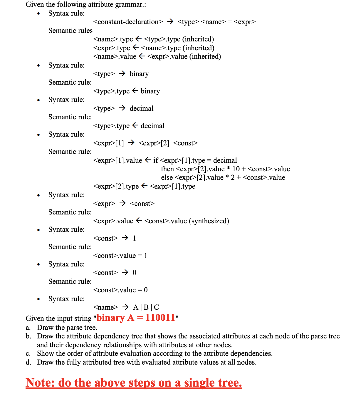 Given the following attribute grammar.: Syntax rule:     Semantic rules Syntax rule: Semantic rule: Syntax