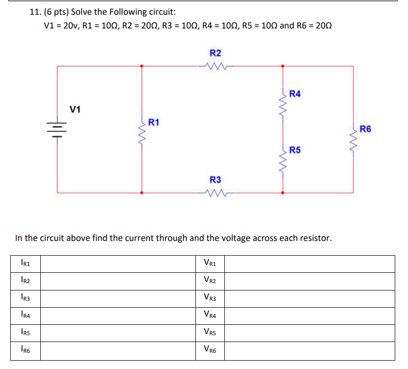 11. (6 pts) Solve the Following circuit: V1 = 20v, R1 = 100, R2 = 200, R3 = 100, R4 = 100, R5 = 100 and R6 =