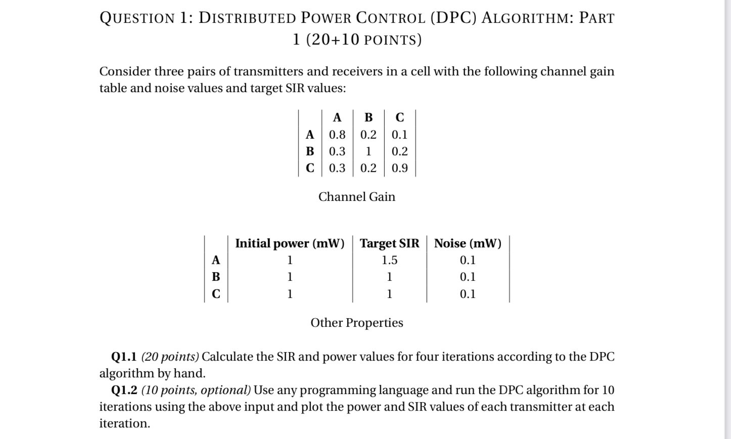 QUESTION 1: DISTRIBUTED POWER CONTROL (DPC) ALGORITHM: PART 1 (20+10 POINTS) Consider three pairs of