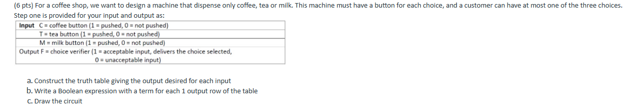 (6 pts) For a coffee shop, we want to design a machine that dispense only coffee, tea or milk. This machine