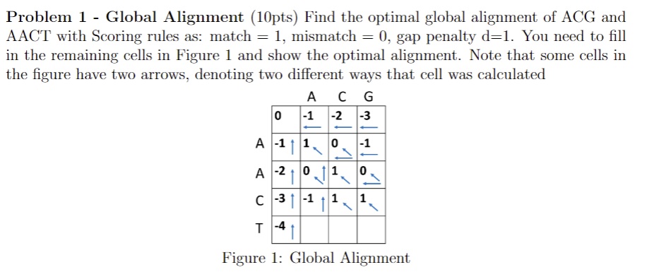 Problem 1 - Global Alignment (10pts) Find the optimal global alignment of ACG and AACT with Scoring rules as: