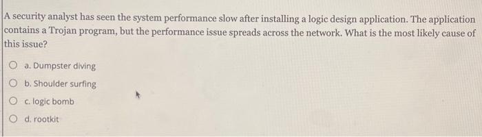 A security analyst has seen the system performance slow after installing a logic design application. The