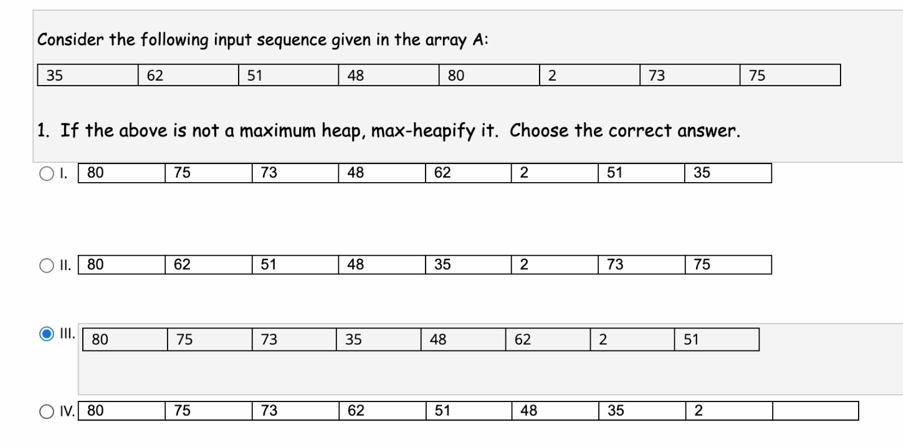 Consider the following input sequence given in the array A: 35 51 48 80 OII. 80 III. 1. If the above is not a