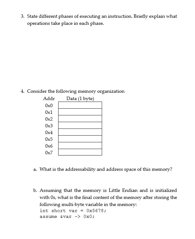 3. State different phases of executing an instruction. Briefly explain what operations take place in each