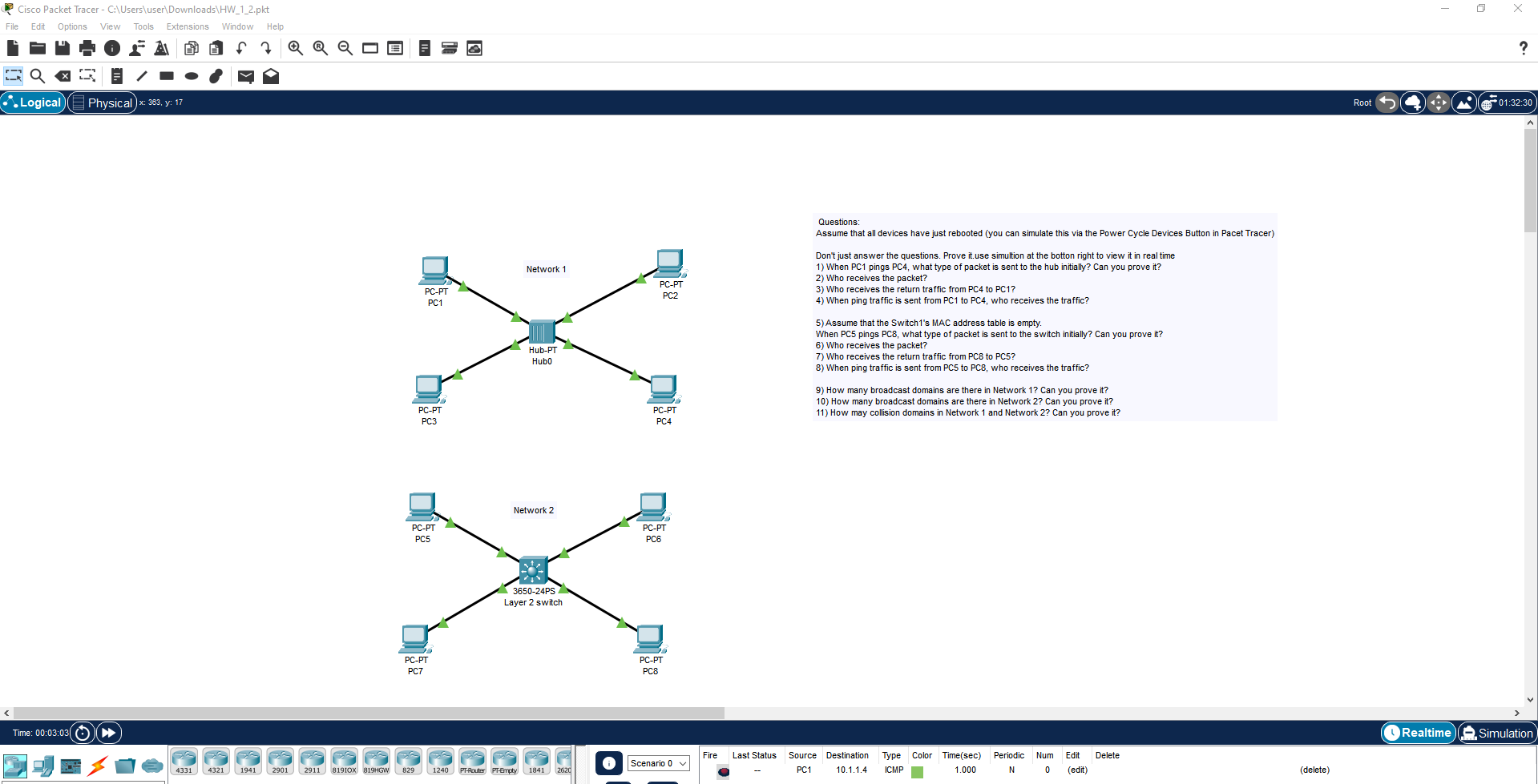 Cisco Packet Tracer - C:\Users\user\Downloads\HW_1_2.pkt File Edit Options View Tools Extensions Window Help