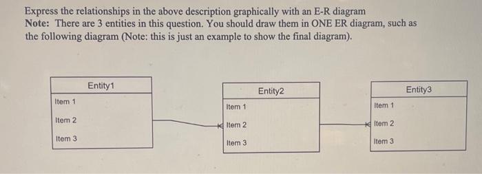 Express the relationships in the above description graphically with an E-R diagram Note: There are 3 entities