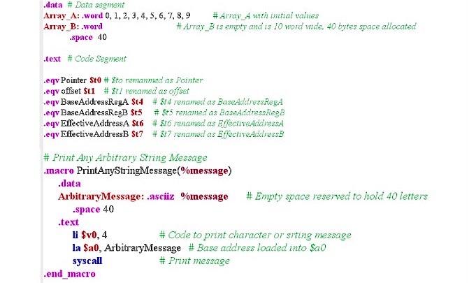 data # Data segment Array A: .word 0, 1, 2, 3, 4, 5, 6, 7, 8, 9 Array B: .word #Array -space 40 text #Code