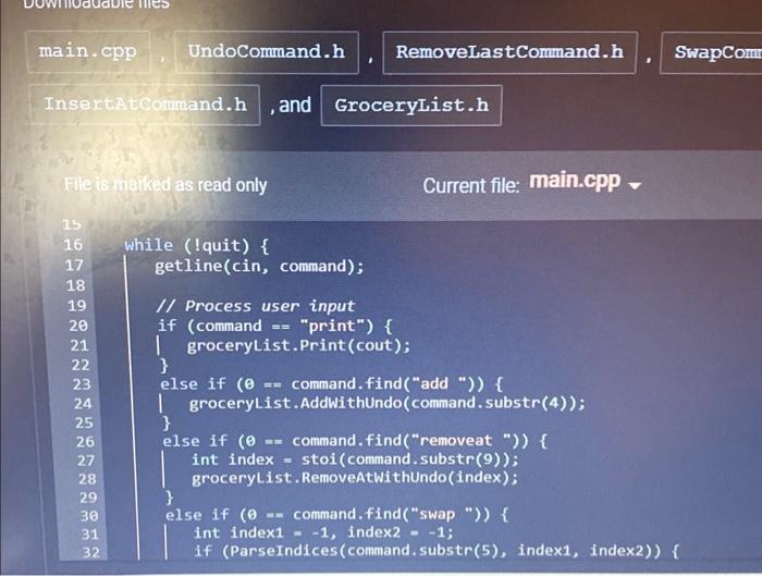 main.cpp UndoCommand.h InsertAtCommand.h , and GroceryList.h File is marked as read only 16 15 16 while