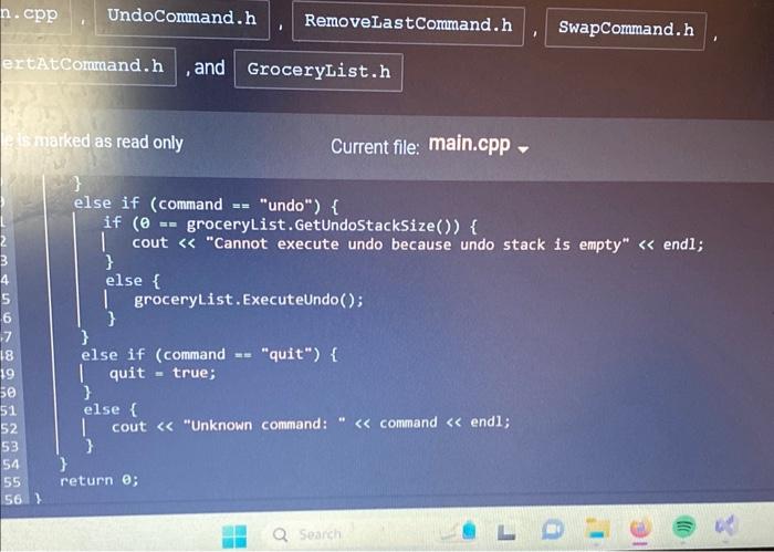 n.cpp ertAtCommand.h, and GroceryList.h NY e is marked as read only 7 18 19 50 51 52 53 54 55 56} Undo