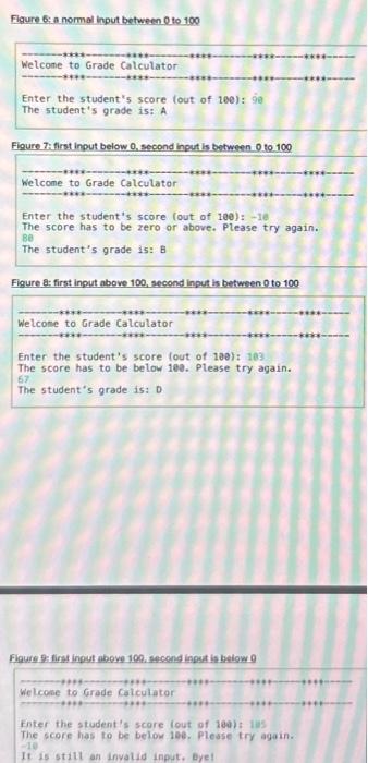 Figure 6: a normal input between 0 to 100 Welcome to Grade Calculator Enter the student's score (out of 100):