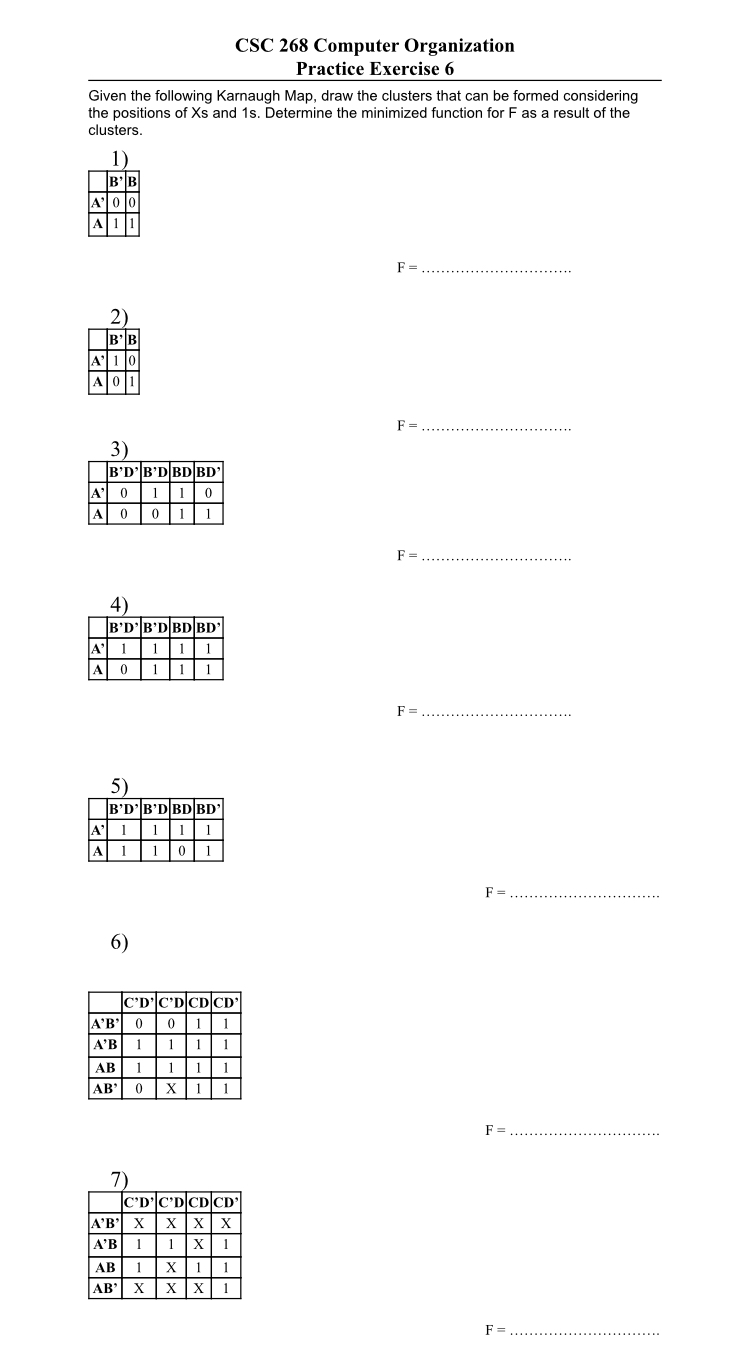 Given the following Karnaugh Map, draw the clusters that can be formed considering the positions of Xs and