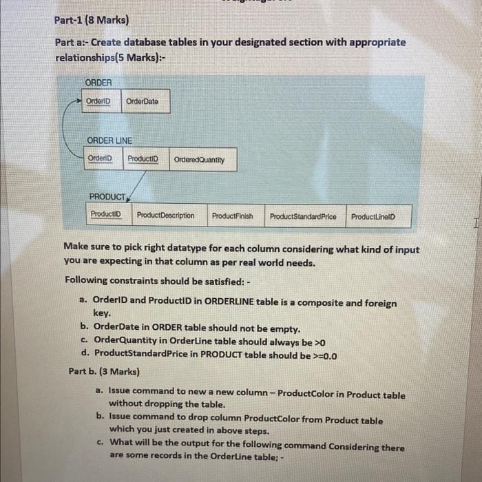 Part-1 (8 Marks) Part a:- Create database tables in your designated section with appropriate relationships (5