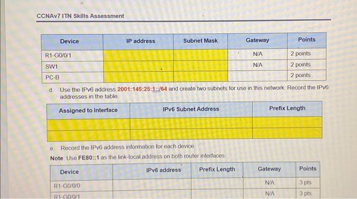 CCNAV7 ITN Skills Assessment Device d R1-G0/0/1 SW1 PC-B IP address Device Subnet Mask 2 points 2 points 2