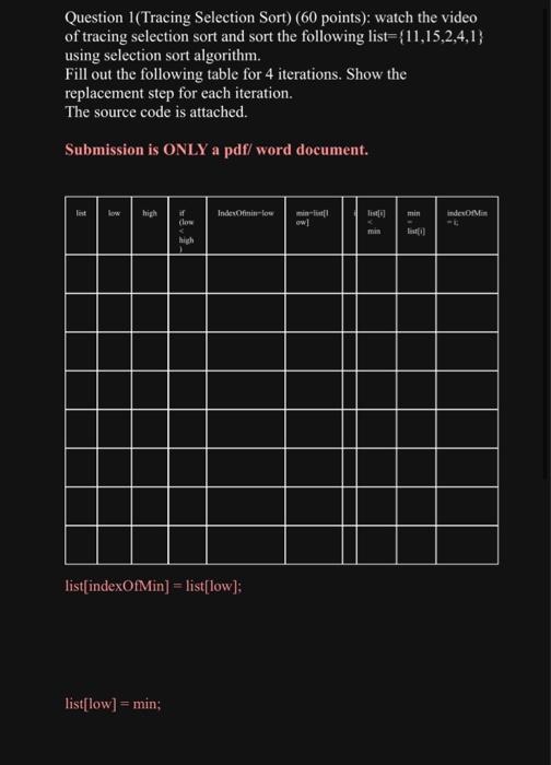Question 1(Tracing Selection Sort) (60 points): watch the video of tracing selection sort and sort the