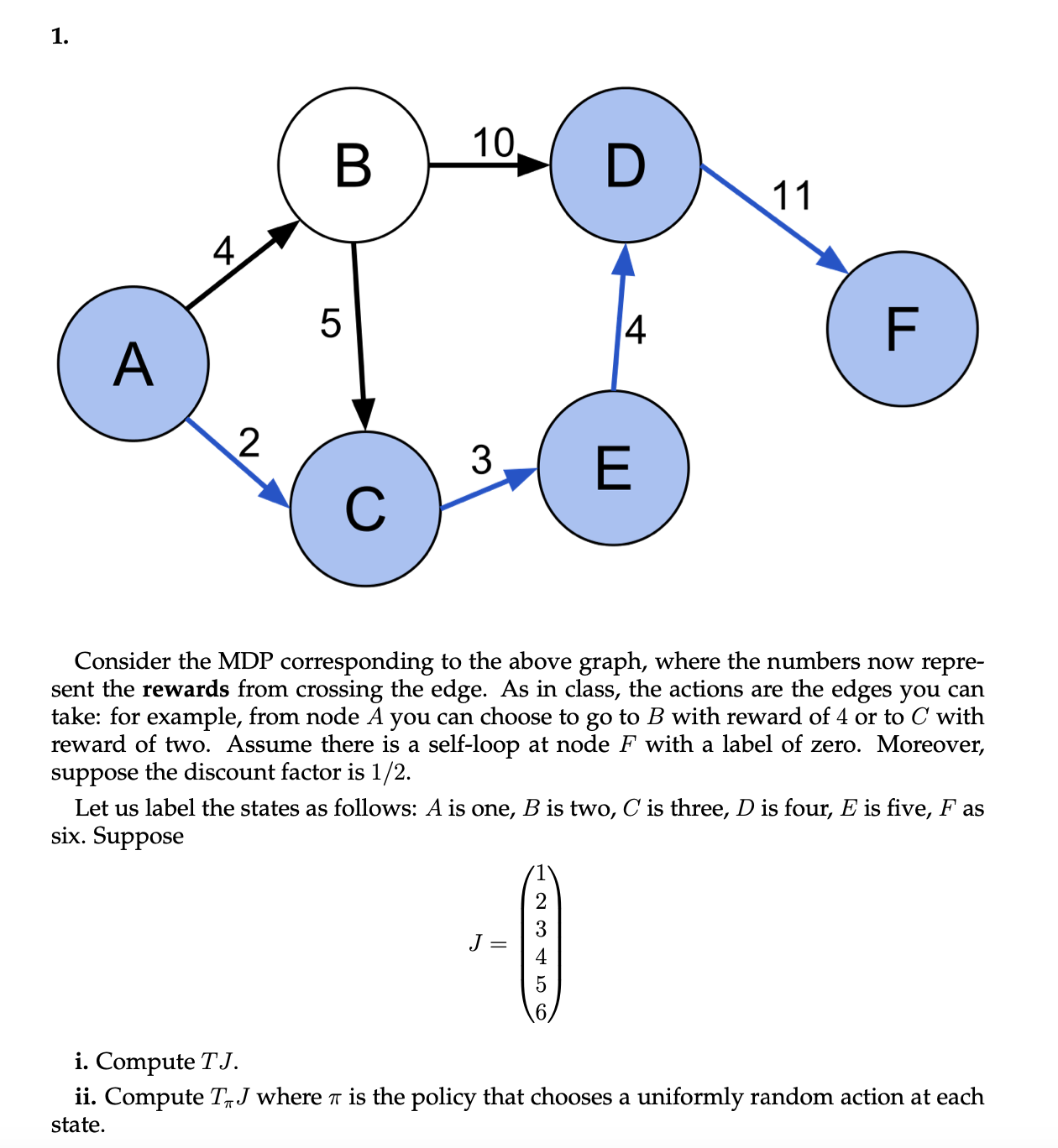 1. A 2 B 5  10. 3 J = D 2345 4 E 11 Consider the MDP corresponding to the above graph, where the numbers now