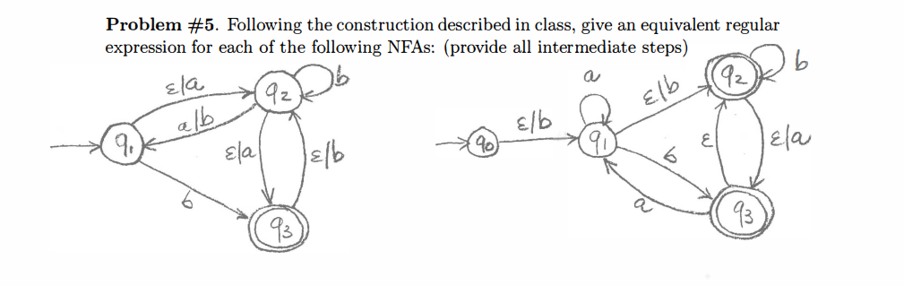 Problem #5. Following the construction described in class, give an equivalent regular expression for each of
