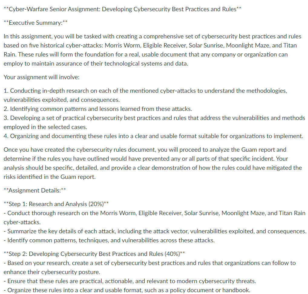 **Cyber-Warfare Senior Assignment: Developing Cybersecurity Best Practices and Rules** **Executive Summary:**