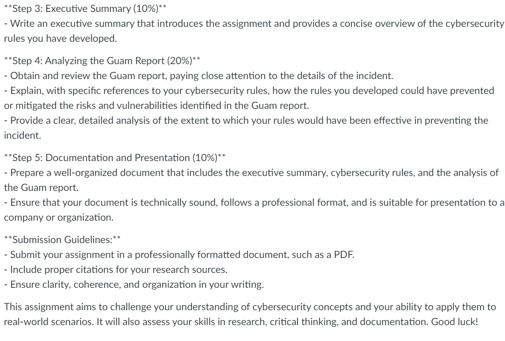 **Step 3: Executive Summary (10%)** - Write an executive summary that introduces the assignment and provides