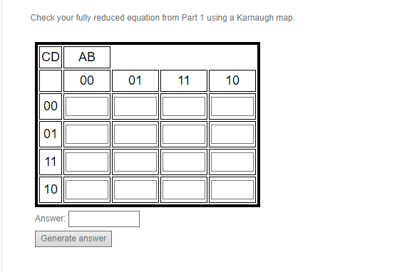Check your fully reduced equation from Part 1 using a Karnaugh map. CD 00 01 11 10 Answer: AB 00 Generate