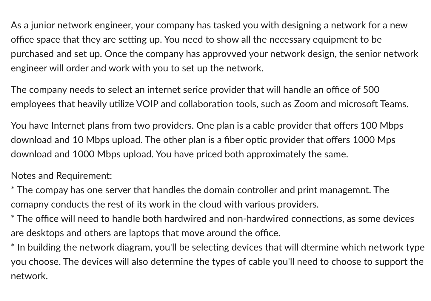 As a junior network engineer, your company has tasked you with designing a network for a new office space