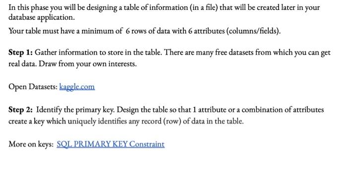 In this phase you will be designing a table of information (in a file) that will be created later in your