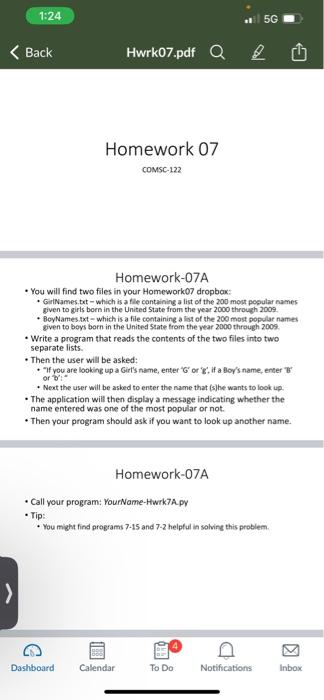 1:24 Back Hwrk07.pdf Q Homework 07 COMSC-122 Homework-07A  You will find two files in your Homework07
