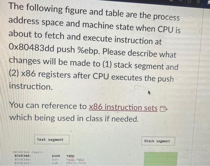 The following figure and table are the process address space and machine state when CPU is about to fetch and