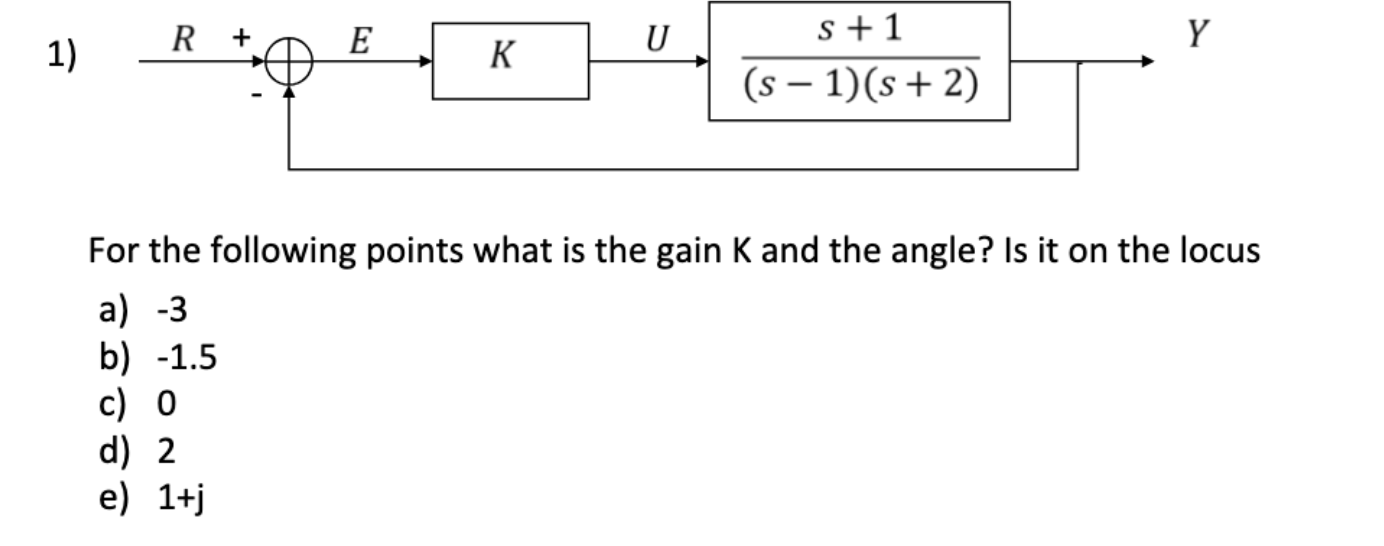1) R+ E K U s+1 (s  1)(s+2) Y For the following points what is the gain K and the angle? Is it on the locus