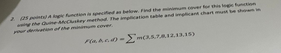 2. (25 points) A logic function is specified as below. Find the minimum cover for this logic function using