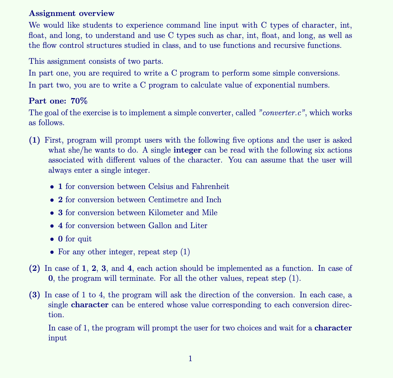 Assignment overview We would like students to experience command line input with C types of character, int,
