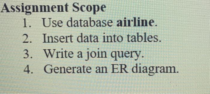 Assignment Scope 1. Use database airline. 2. Insert data into tables. Write a join query. 3. 4. Generate an