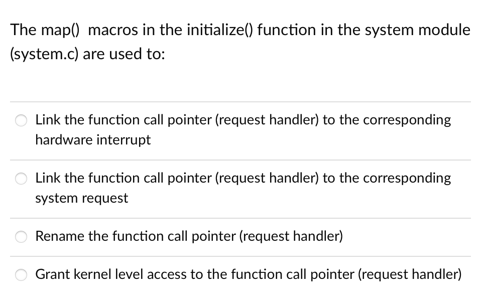 The map() macros in the initialize() function in the system module (system.c) are used to: Link the function