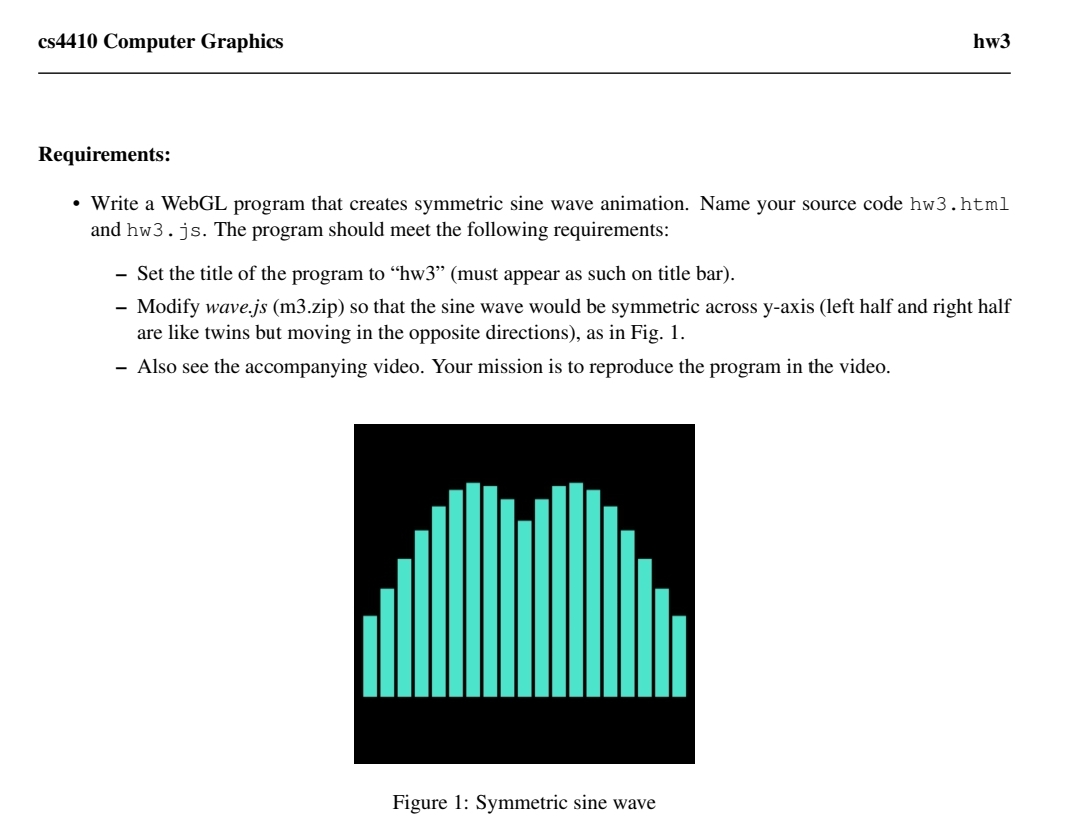 cs4410 Computer Graphics hw3 Requirements:  Write a WebGL program that creates symmetric sine wave animation.