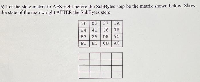 6) Let the state matrix to AES right before the SubBytes step be the matrix shown below. Show the state of