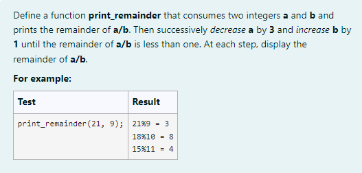Define a function print_remainder that consumes two integers a and b and prints the remainder of a/b. Then